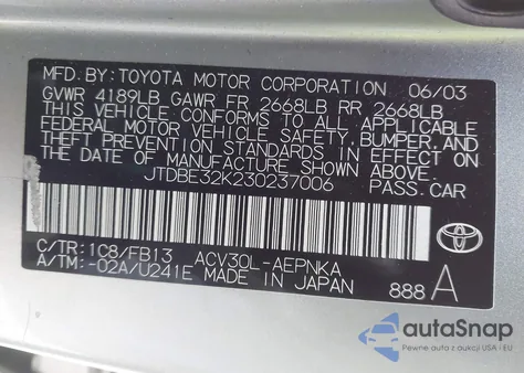 2003 Toyota Camry Le from USA, damaged, VIN JTDBE32K230237006